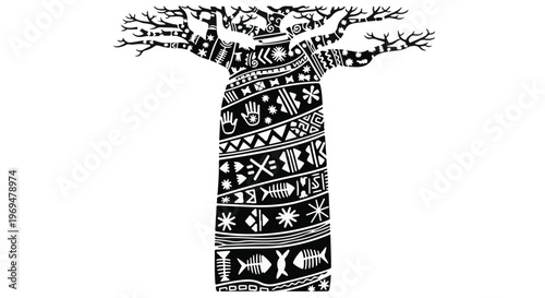 Stylized baobab tree with intricate tribal patterns, symbolizing nature and cultural heritage.