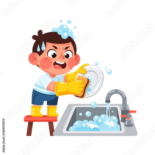 Boy washing dishes with bubbles in sink, cartoon illustration