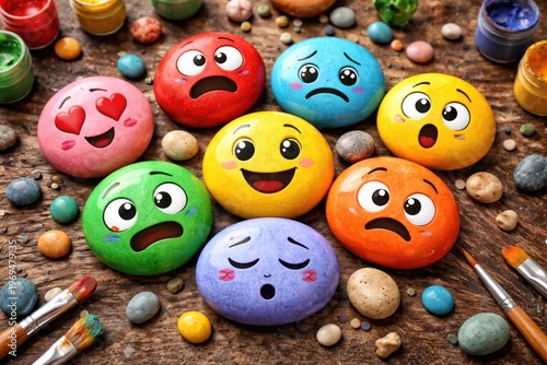 Colorful painted stones showing different emoticons representing feelings for emotion management concept
