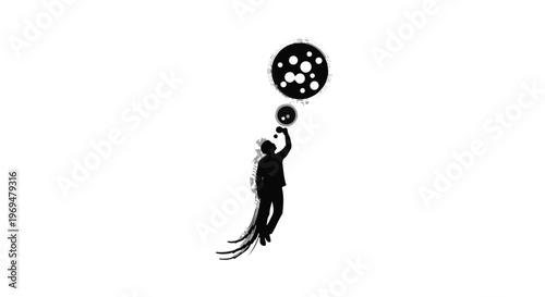 Dreamy silhouette of person reaching for glowing orbs against a white background