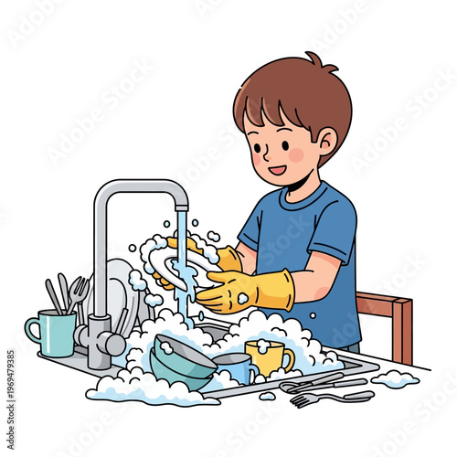Boy washing dishes with yellow gloves, kitchen sink, soap bubbles, clean home