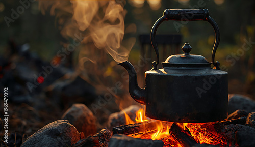 A black kettle sits over a campfire, surrounded by rocks, with steam rising against a blurred forest background. The scene conveys warmth and tranquility.