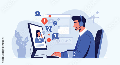 Professional male customer service representative wearing a headset and working on a computer while helping a client through video call.