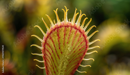 Close-up of a Venus flytrap leaf with open spines and red streaks on a green surface. The background is blurred with warm, natural tones.