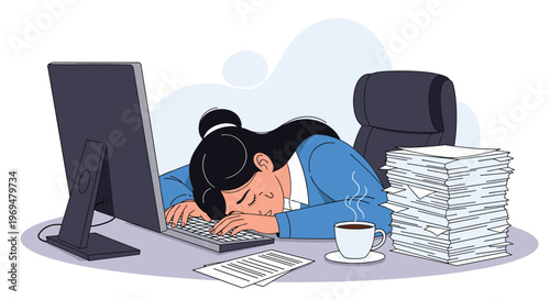 Exhausted female office worker sleeping on her computer keyboard at a desk covered with stacks of paper and a cup of coffee.