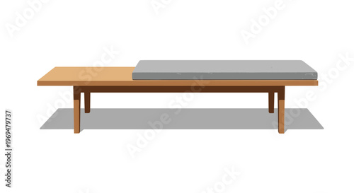 Modern minimalist wooden bench with a sleek design and a long grey cushion isolated on a white background with a subtle shadow underneath.