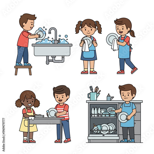Children Helping with Chores: Washing Dishes and Loading Dishwasher