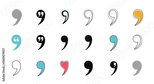Extensive collection of various comma punctuation marks in different styles including solid, outlined, textured, and colored designs for typography.