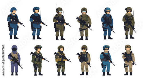 Detailed set of military and police tactical units in various uniforms and gear holding firearms for security and defense concepts.