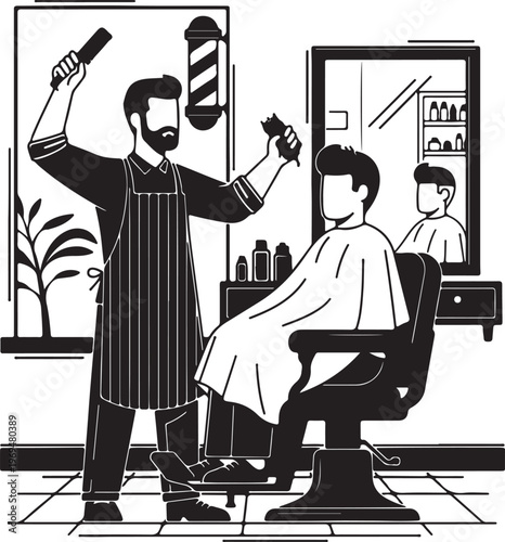 Barber Cutting Hair of a Customer in a Salon with a Mirror Reflection and Barber Pole, Vintage Style Illustration