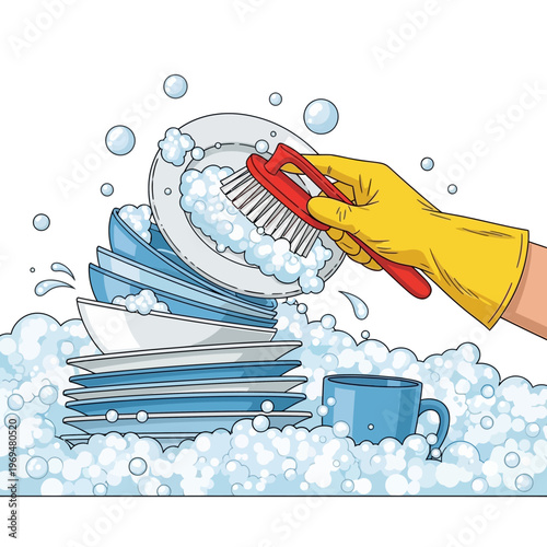 Hand in yellow glove washing dirty dishes with brush and soap suds