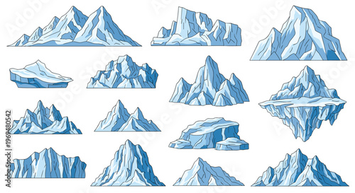 Extensive set of different iceberg shapes and sizes floating on water including peaks, blocks, and floating islands in a blue and white style.