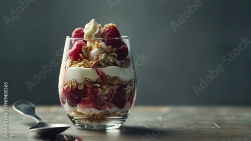 Creamy greek yogurt parfait layered with crunchy granola and fresh red raspberries served in a clear glass on a rustic wooden table with a silver spoon beside