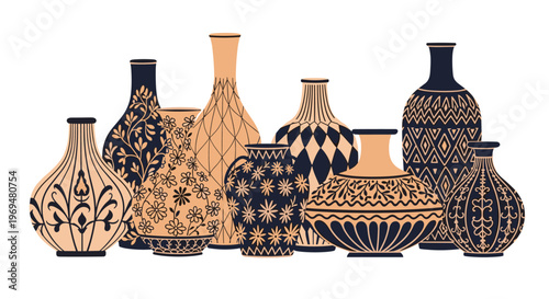 Elegant collection of various ceramic vases and pots decorated with traditional floral, geometric, and abstract patterns in black and tan.