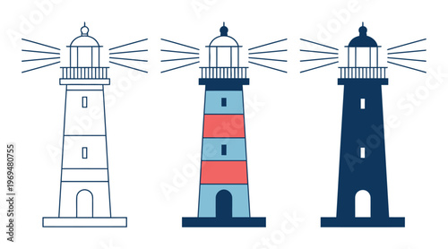 Three stylized lighthouses in a row, each with a unique and color scheme