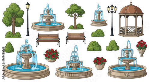 Comprehensive set of park and garden landscape elements including various water fountains, benches, trees, bushes, and a gazebo on white.