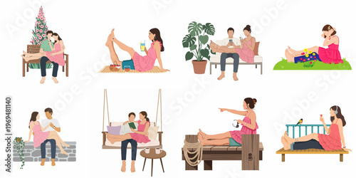 Collection of flat vector illustrations featuring a young romantic couple enjoying various summer activities, leisure time, and relaxation in different outdoor settings.