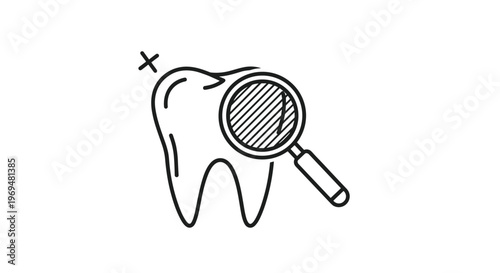 Simple black and white line art illustration of a magnifying glass examining a tooth to represent dental checkups and oral hygiene care.
