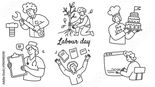 creative labour day illustration collection showing happy professional people working with tools