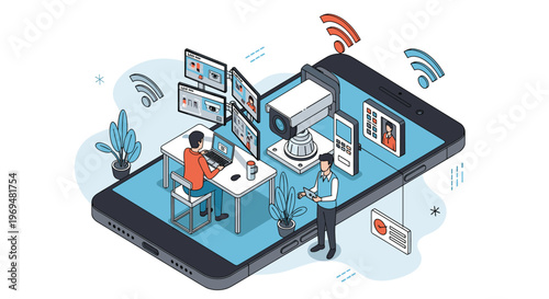 Advanced digital security concept showing surveillance cameras, monitoring station, and people on a large smartphone screen for safety.