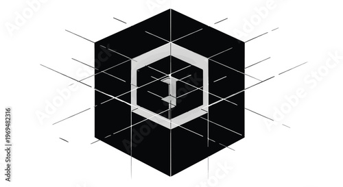 Geometric abstract cube with intersecting lines creating a sense of depth and complexity.