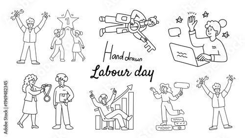 various professional workers celebrating success and productivity with creative hand drawn style
