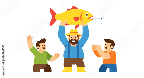 Men celebrating big fish catch.