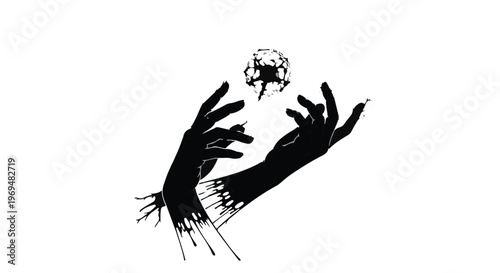 Mysterious dark hands reaching up towards a swirling abstract form against a white background.