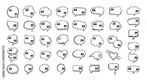 Comprehensive collection of hand drawn speech bubbles with quotation marks in various shapes for comic and text design.