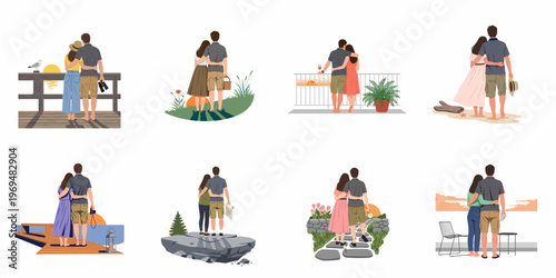 Collection of flat illustrations showing a romantic couple embracing and enjoying various scenic outdoor views at sunset and in nature.