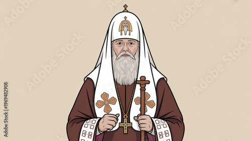 Orthodox priest with white beard and cross in hands standing against beige background wearing traditional brown and white religious attire with golden symbols