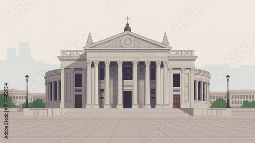 Large white neoclassical church building with columns and cross on roof in city