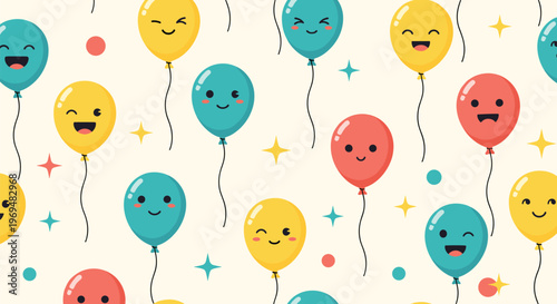 Adorable cute cartoon balloon pattern with smiling faces and colorful stars for festive party background decoration.