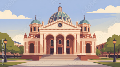 Large church building with green domes and columns on a sunny day with trees and street lamps