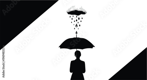 Silhouette of person holding umbrella against falling rain and storm cloud, symbolizing protection and resilience.