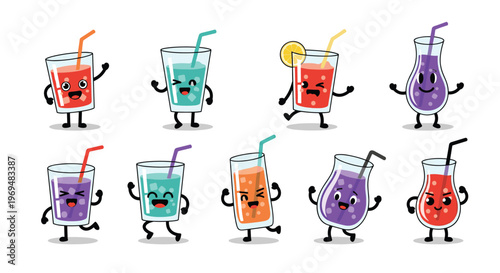 Collection of cute cartoon glass characters with colorful drinks and faces for summer party and beverage themes.
