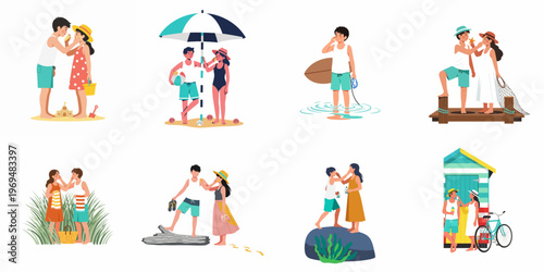 Vector illustration set of couples and people enjoying summer beach activities, applying sunscreen, and practicing sun safety during a tropical vacation.