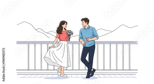 Young romantic couple standing on balcony with scenic mountain landscape for world travel and relationship themes.