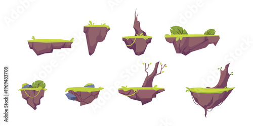 Floating island vector set. Tropical landscape and fantasy floating land illustrations	