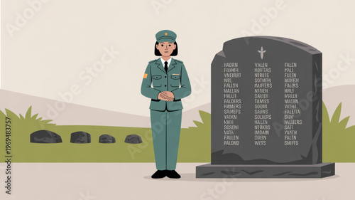 Female soldier standing respectfully beside a war memorial stone honoring fallen comrades in a serene outdoor setting with grass and hills