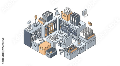Extremely cluttered isometric office room with many filing boxes and shelves for organization and business concepts.