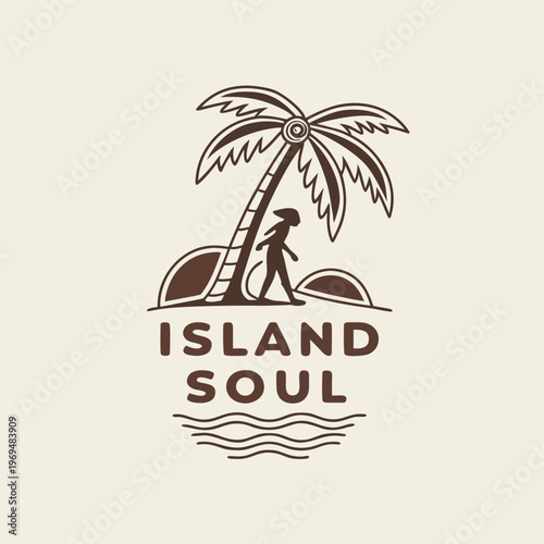 Brown island soul logo with palm tree and person walking on beach