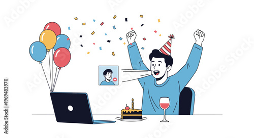 Happy young man celebrating birthday via video call on laptop with cake and balloons for remote social themes.