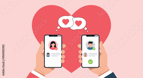 Two hands holding smartphones with dating profiles over large red heart for online romance and mobile app themes.