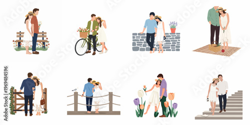 Set of minimalist vector illustrations featuring a romantic young couple in various charming outdoor settings like parks, gardens, and scenic spots.