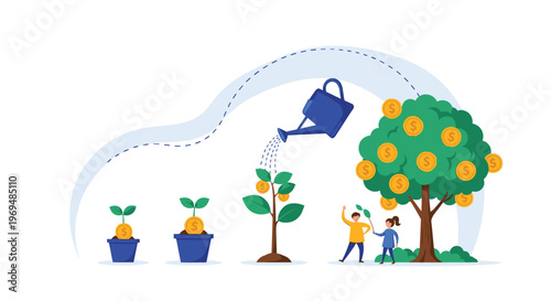 Effective financial growth stages illustration with money tree and watering can for investment and savings concepts.