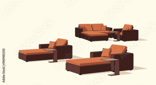 Stylish modern outdoor lounge furniture collection in brown and orange for luxury patio and backyard decor themes.