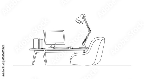 Minimalist Desk Setup: Computer, Lamp, Chair, Books - Clean Line Art