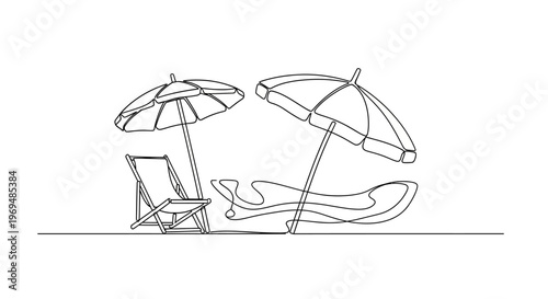 Minimalist Beach Scene: Deck Chair, Umbrellas, and Serene Seaside Ambiance