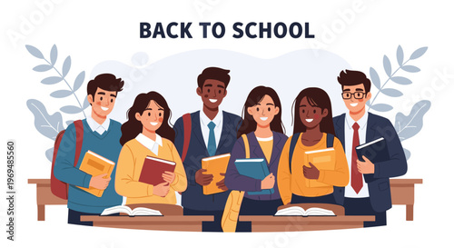 Group of diverse young students standing together holding books and wearing backpacks for a back to school themed illustration on white background.